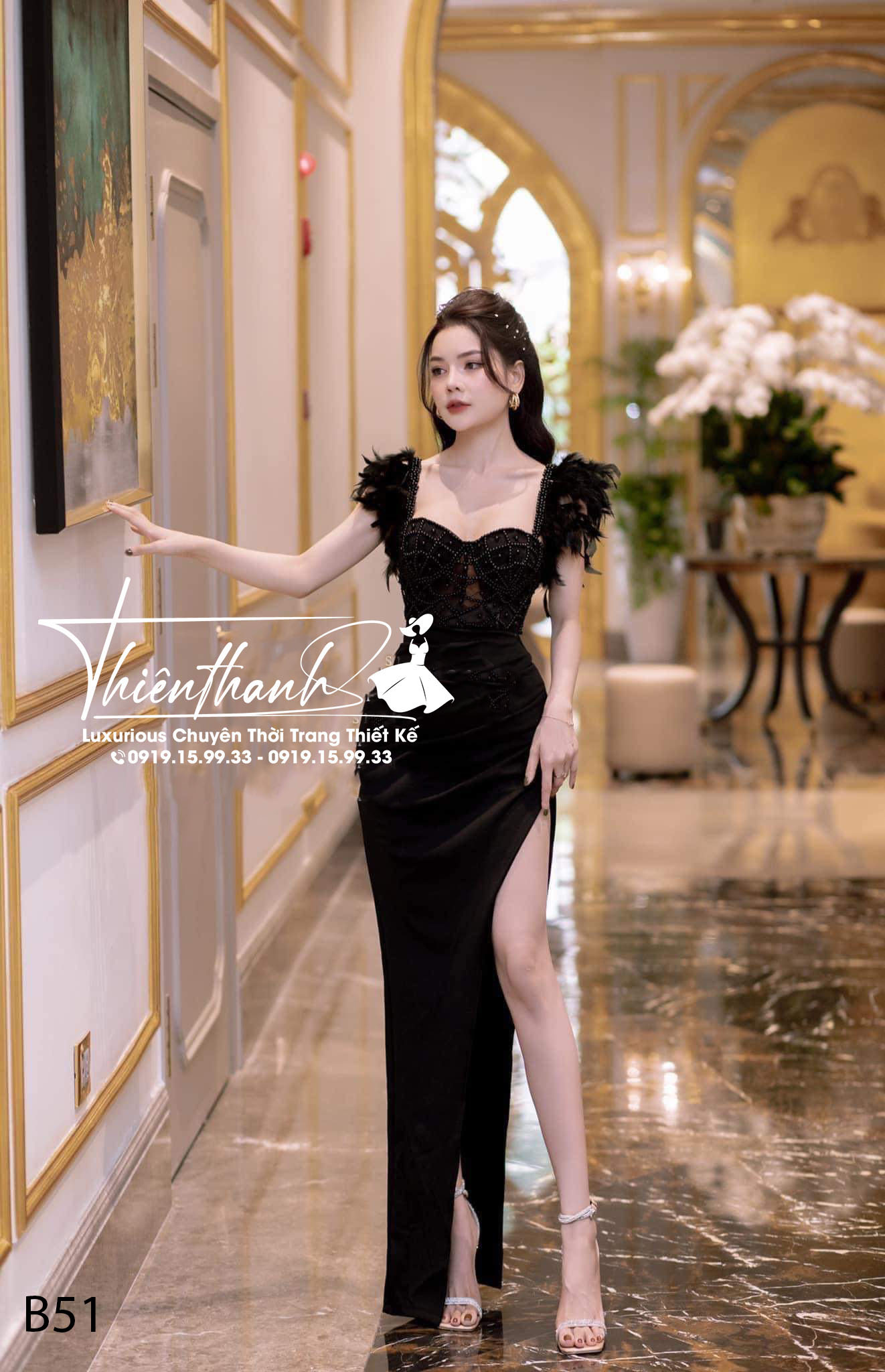 Đầm TK Dài 2 Dây Đính Lông Xẻ Tà Đính Kết