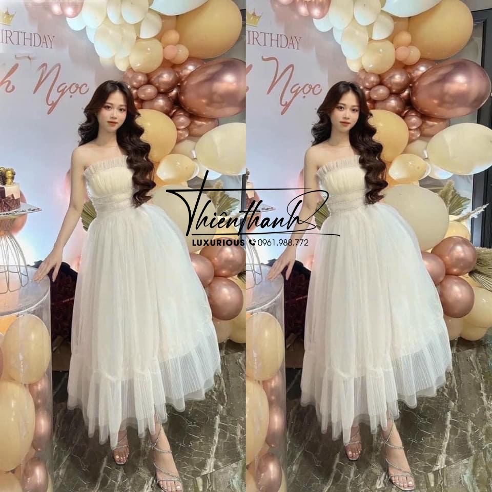 Đầm TK Dài Công Chúa Hai Dây Dáng Xoè Đính Cườm