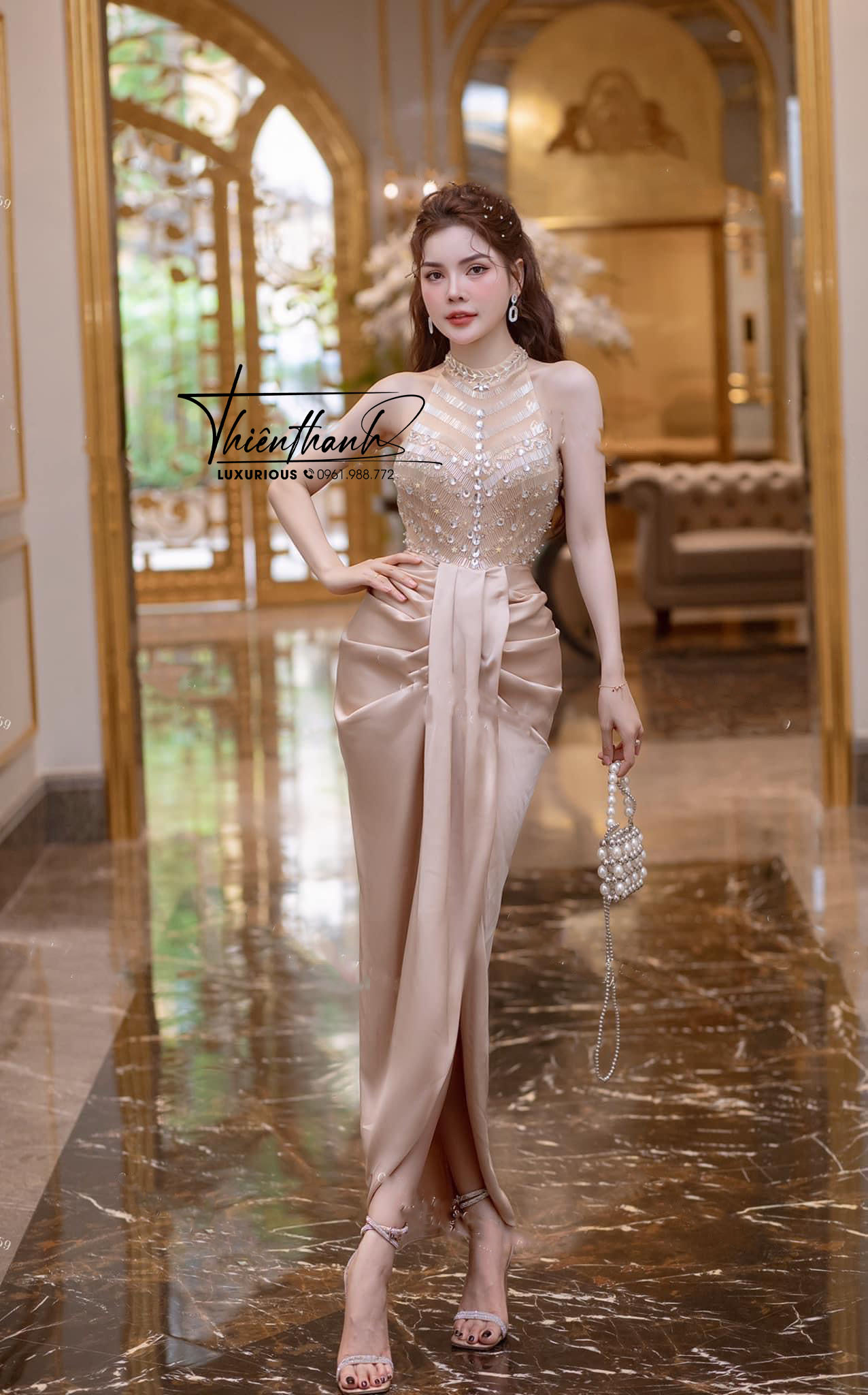 Đầm TK Dài Cổ Yếm Nhún Xẻ Tà Kết Cườm