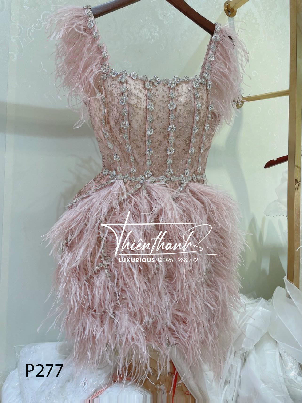 Đầm TK Ngắn Hai Dây Đính Đá Chéo Kèm Lông