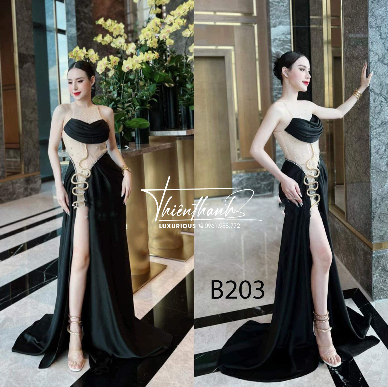 Đầm TK Body Dáng Dài Xẻ Tà Đính Hoạ Tiết Rắn