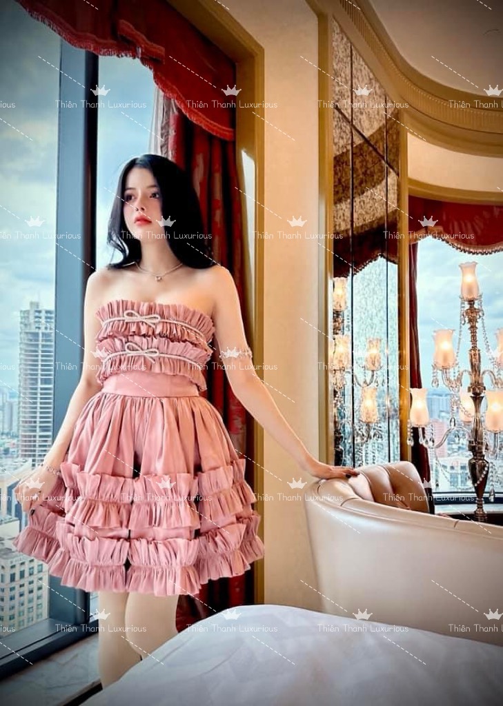Đầm TK Ngắn Hồng Nude Xoè Tầng