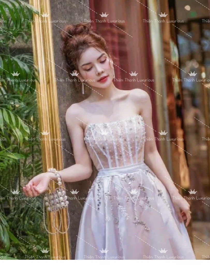 Đầm TK Dài Xoè Cúp Ngực Voan Kính Lụa Đính Đá
