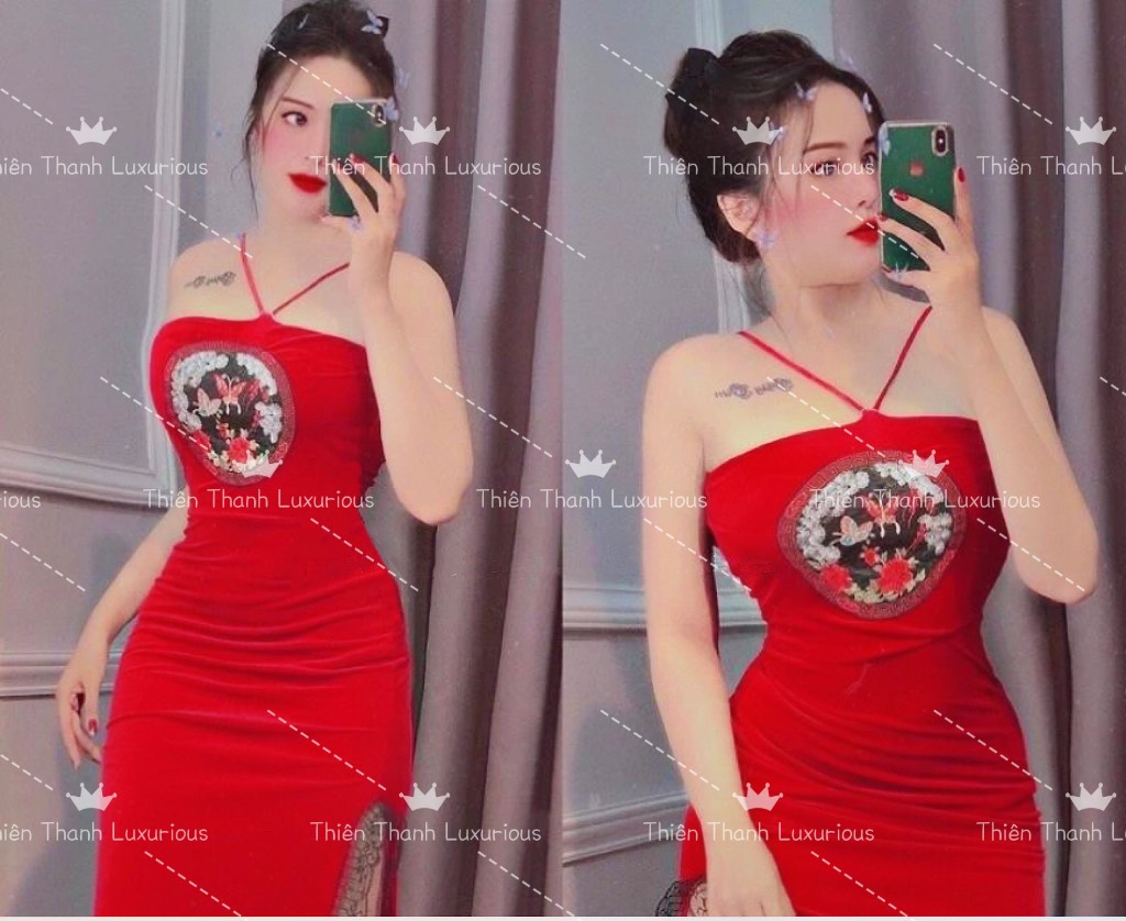 Đầm Nhung Yếm Body Phối Ren Thuê Hoạ Tiết