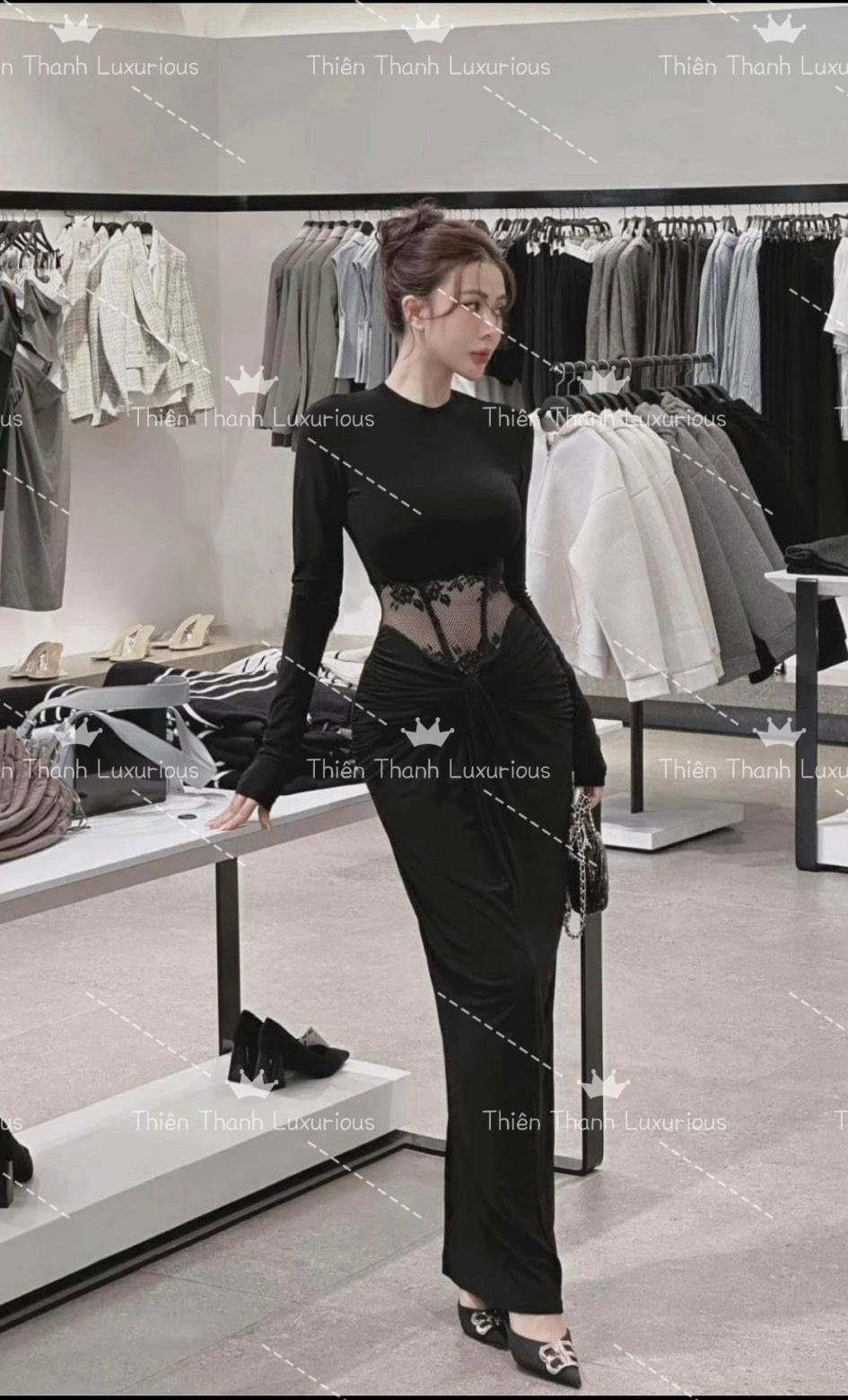 Đầm Dài TK Body Tay Dài Phối Lưới Eo Ôm Sát 3 Vòng