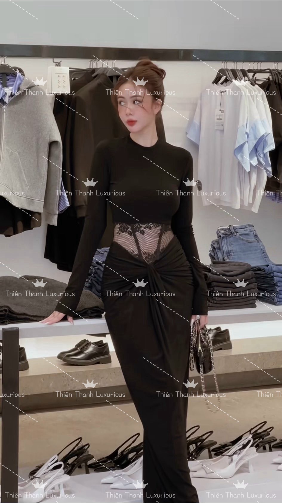 Đầm Dài TK Body Tay Dài Phối Lưới Eo Ôm Sát 3 Vòng