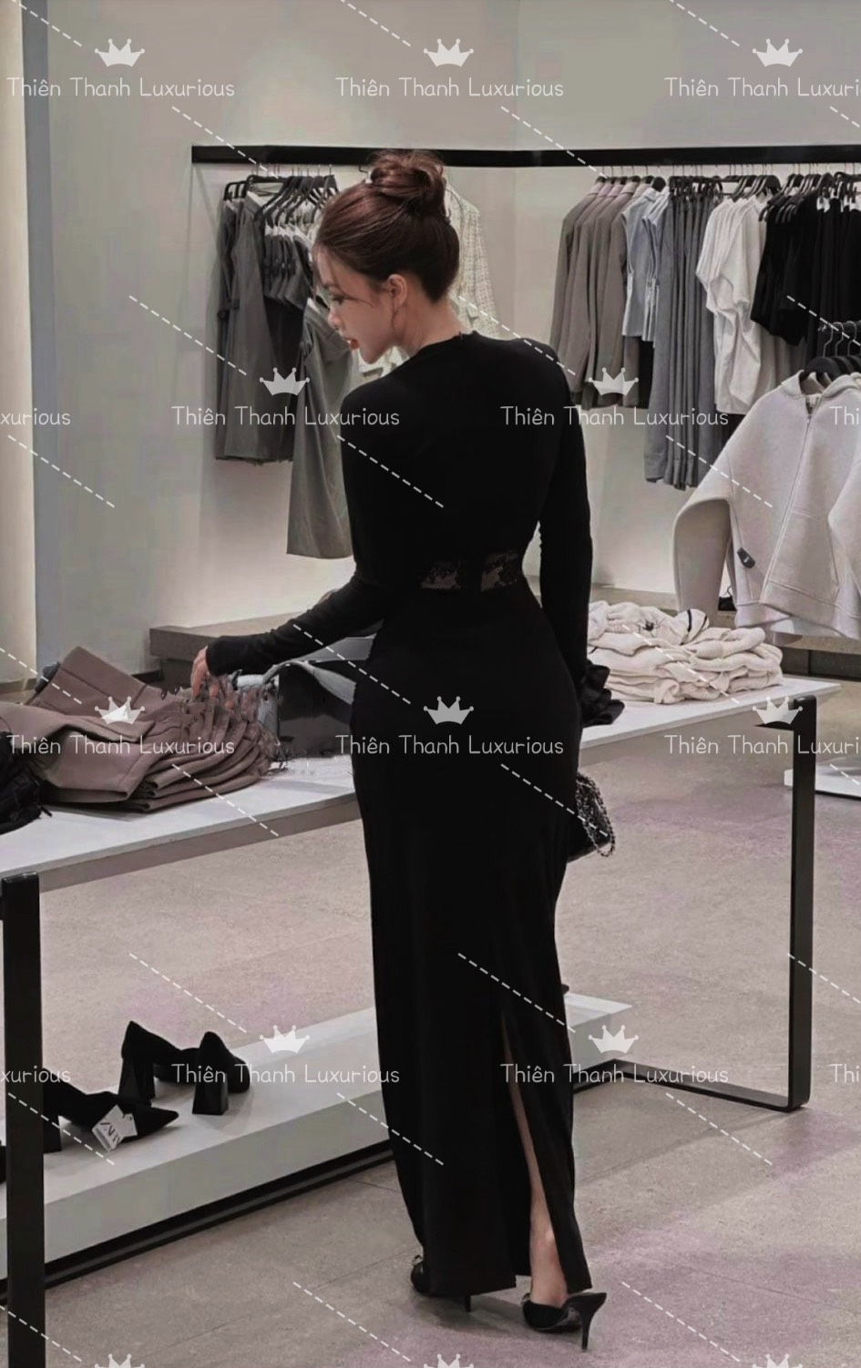 Đầm Dài TK Body Tay Dài Phối Lưới Eo Ôm Sát 3 Vòng