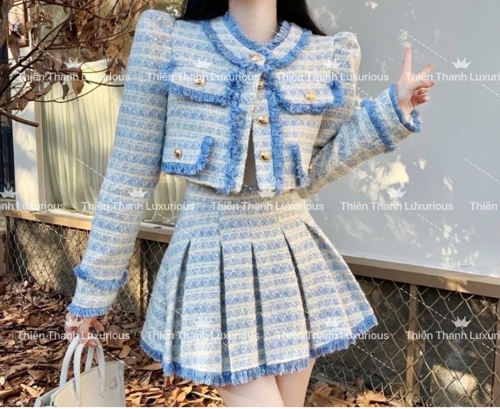 Set QCCC LV Ngắn Áo Dạ Phối Chân Váy Xoè
