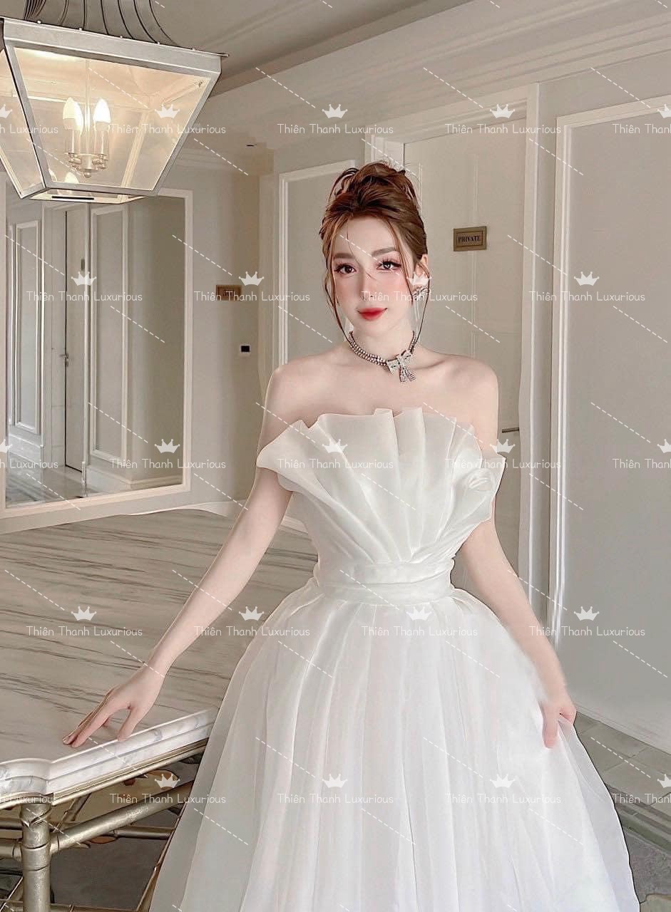 Đầm TK Dài Voan Tơ Dáng Xoè Cúp Ngực Xếp Ly