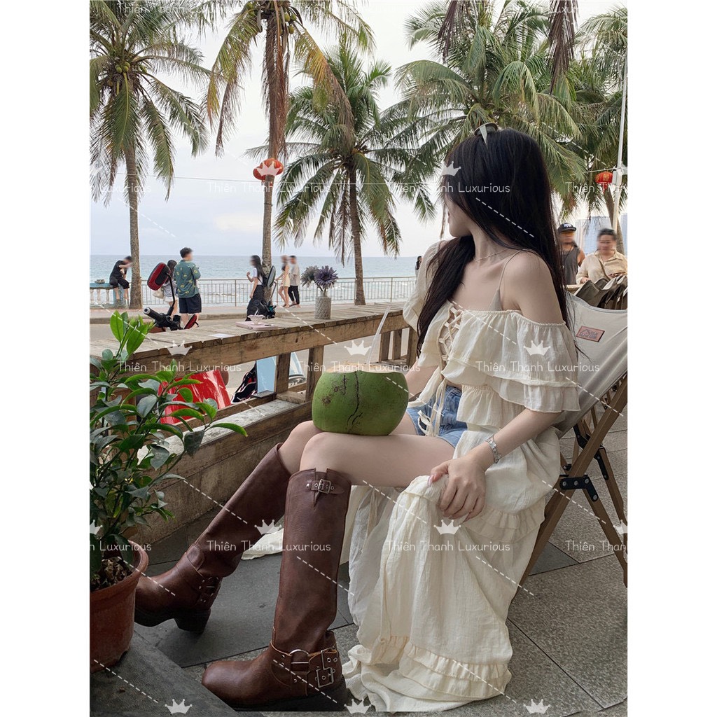 Áo Đầm Dáng Dài Đan Dây Bèo Trễ Vai