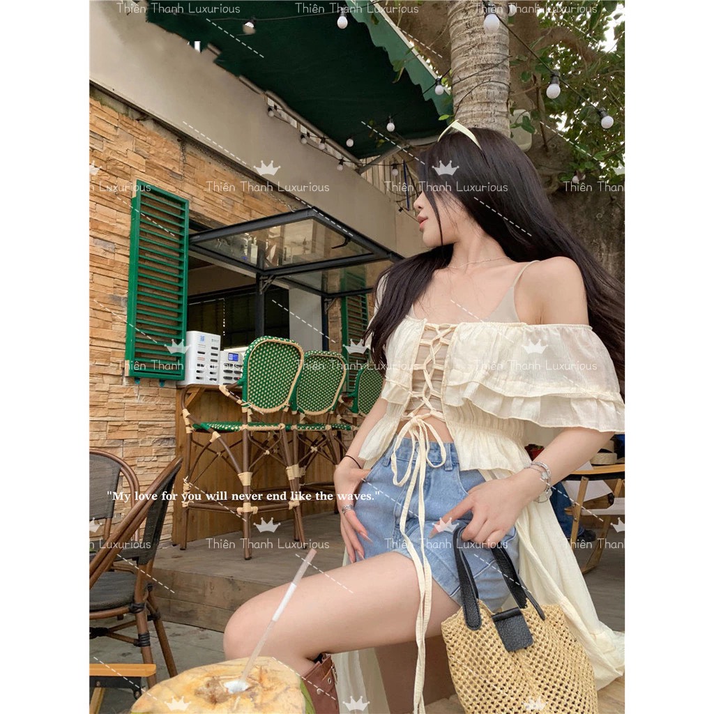 Áo Đầm Dáng Dài Đan Dây Bèo Trễ Vai