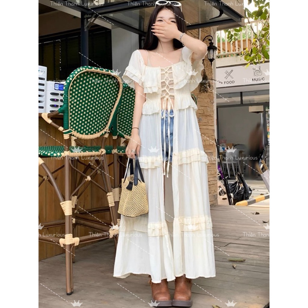Áo Đầm Dáng Dài Đan Dây Bèo Trễ Vai