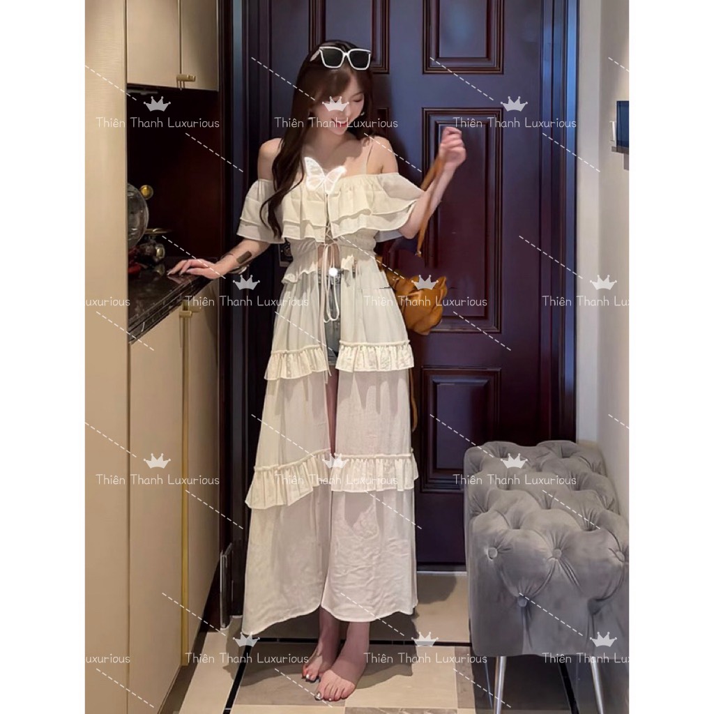 Áo Đầm Dáng Dài Đan Dây Bèo Trễ Vai