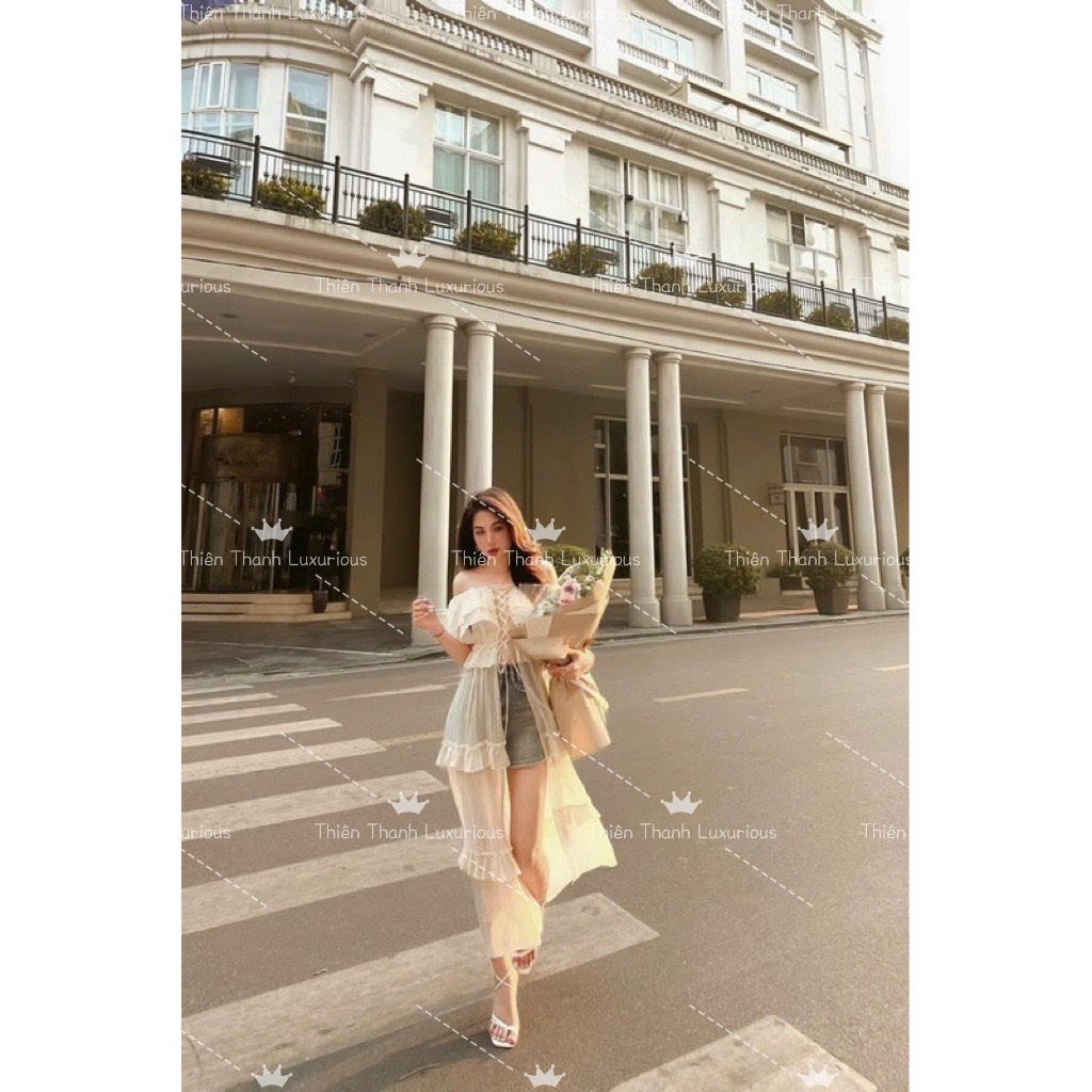 Áo Đầm Dáng Dài Đan Dây Bèo Trễ Vai