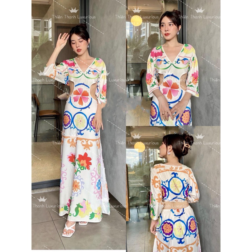 Đầm Dài Zara Khoét Eo Xẻ Ngực Cổ V Hoạ Tiết