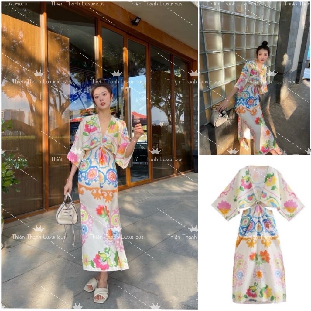 Đầm Dài Zara Khoét Eo Xẻ Ngực Cổ V Hoạ Tiết