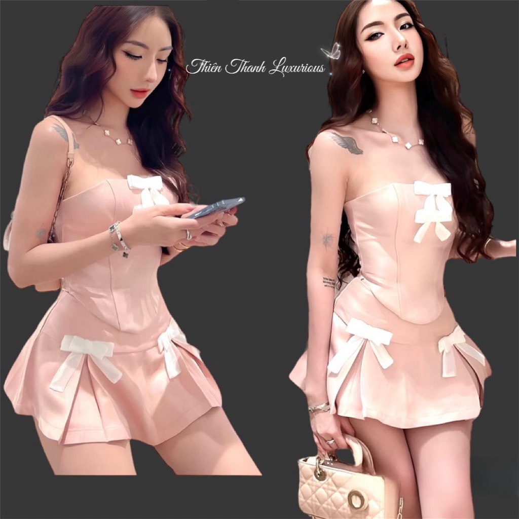 Set Váy Xoè Phối Áo Vạt Nhọn Đính Nơ
