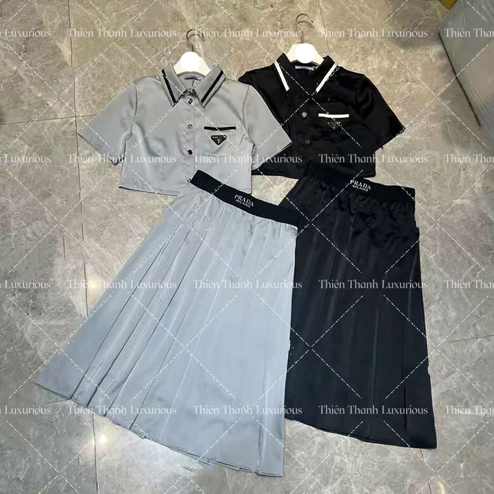 Set Áo Sơ Mi Phối Chân Váy Xoè Dài Prada