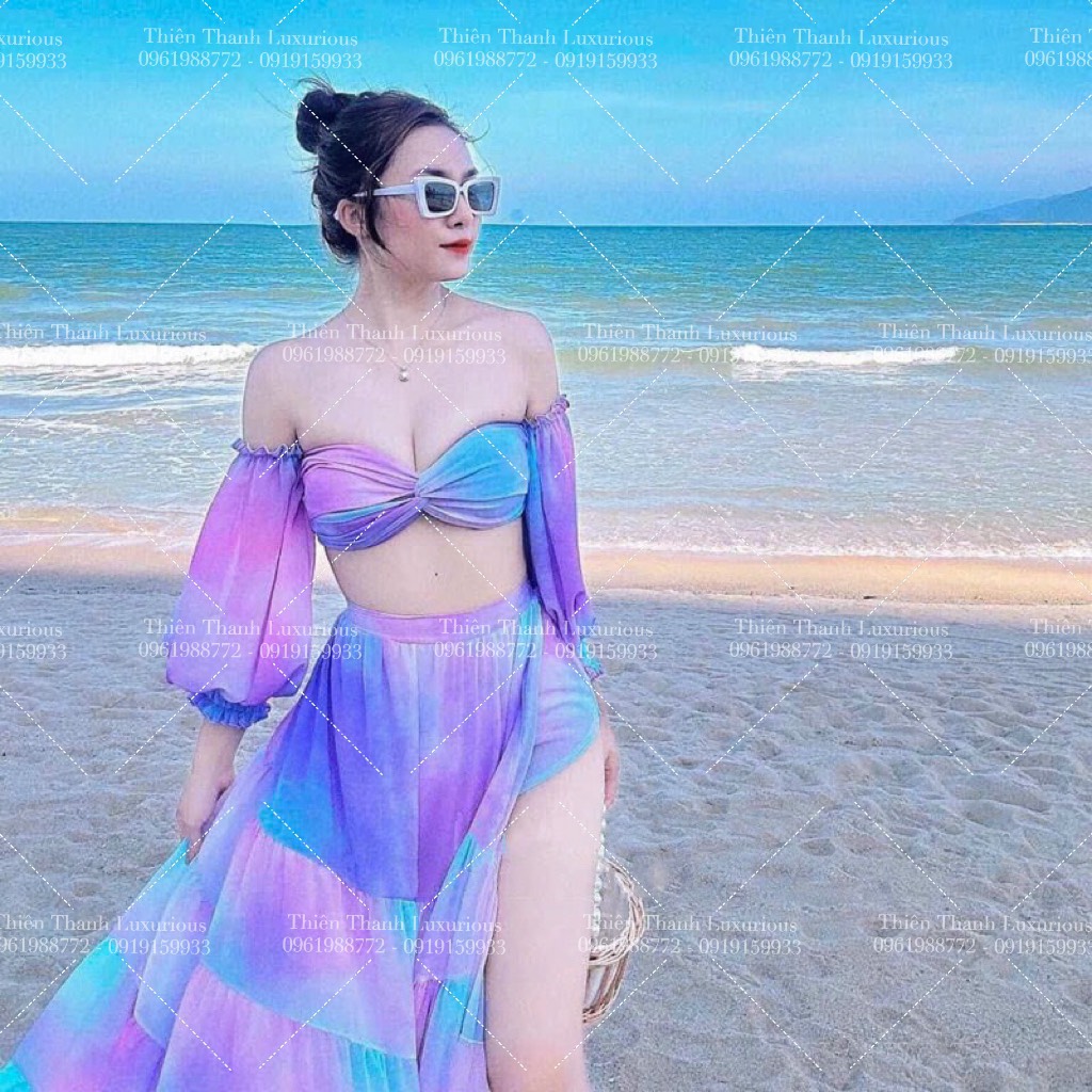 Set Maxi Đi Biển Loang Màu Xẻ Tà