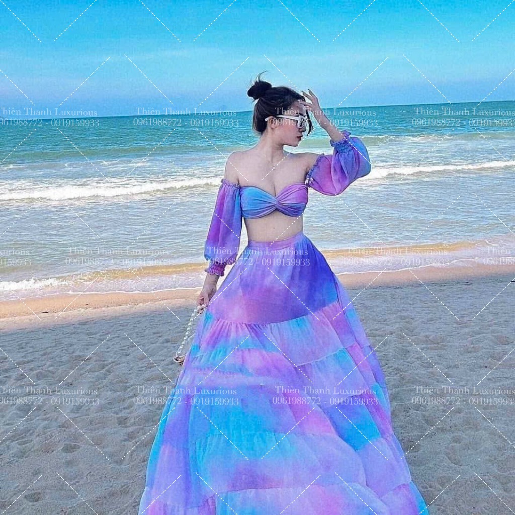 Set Maxi Đi Biển Loang Màu Xẻ Tà