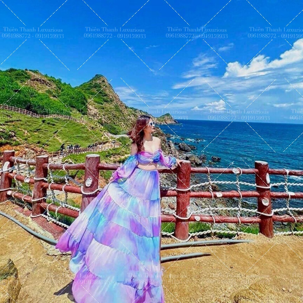 Set Maxi Đi Biển Loang Màu Xẻ Tà