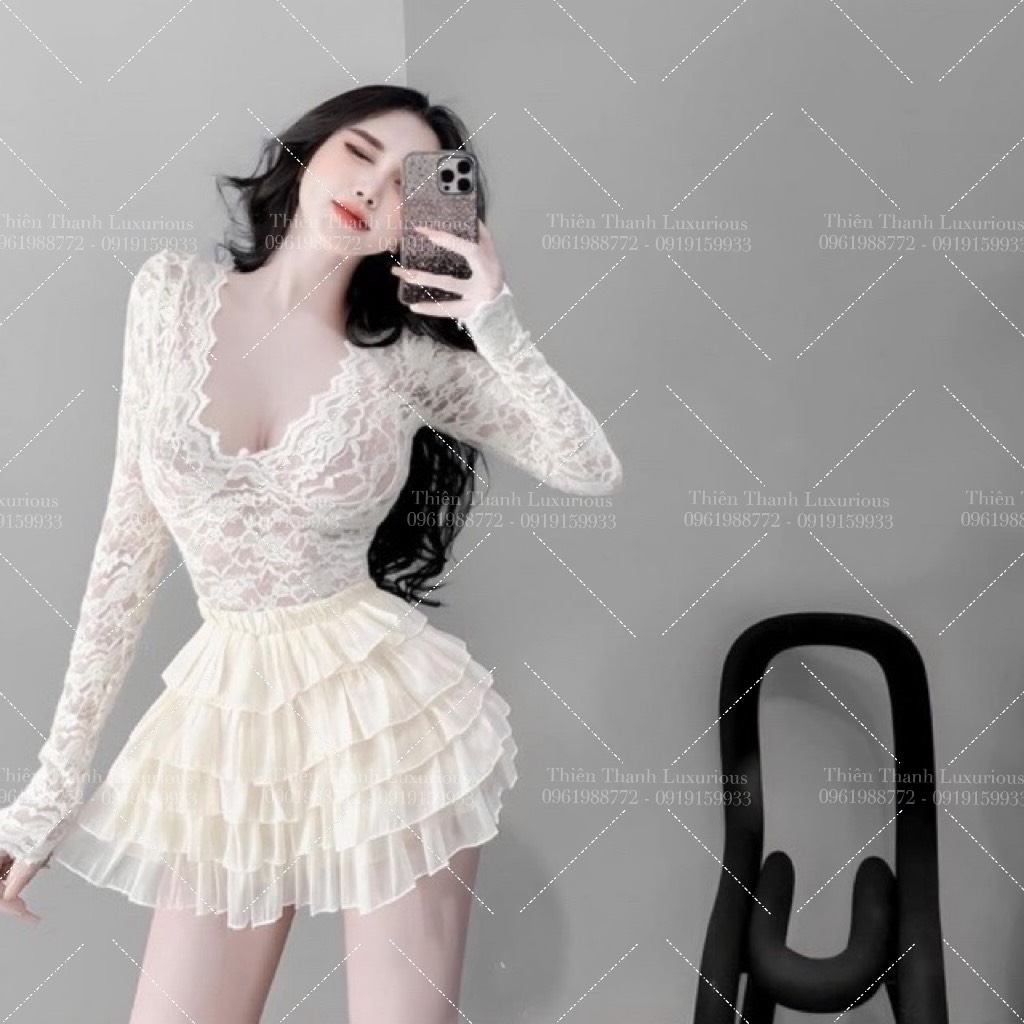 Set Áo Ren Cổ V Tay Dài Phối Váy Xoè Tầng