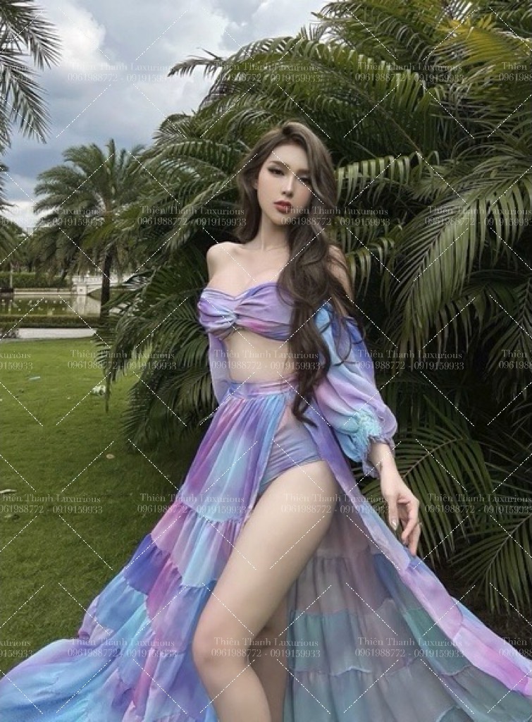 Set Maxi Đi Biển Loang Màu Xẻ Tà
