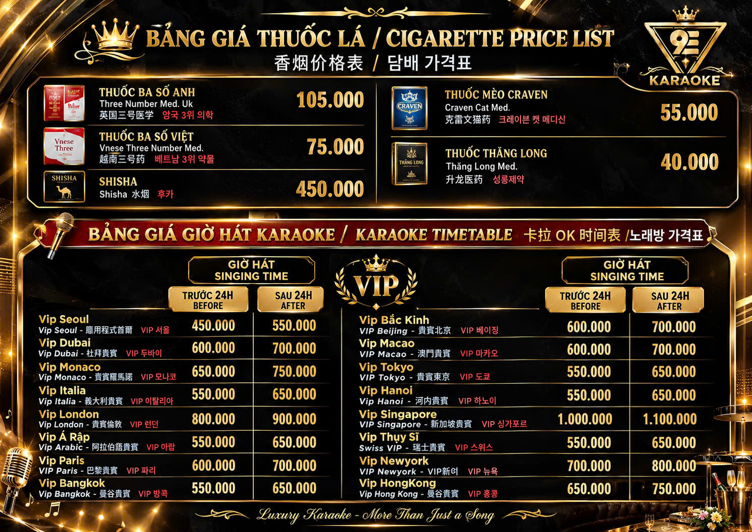 Bảng giá Karaoke 9E Phú Quốc – giờ hát 16 phòng VIP