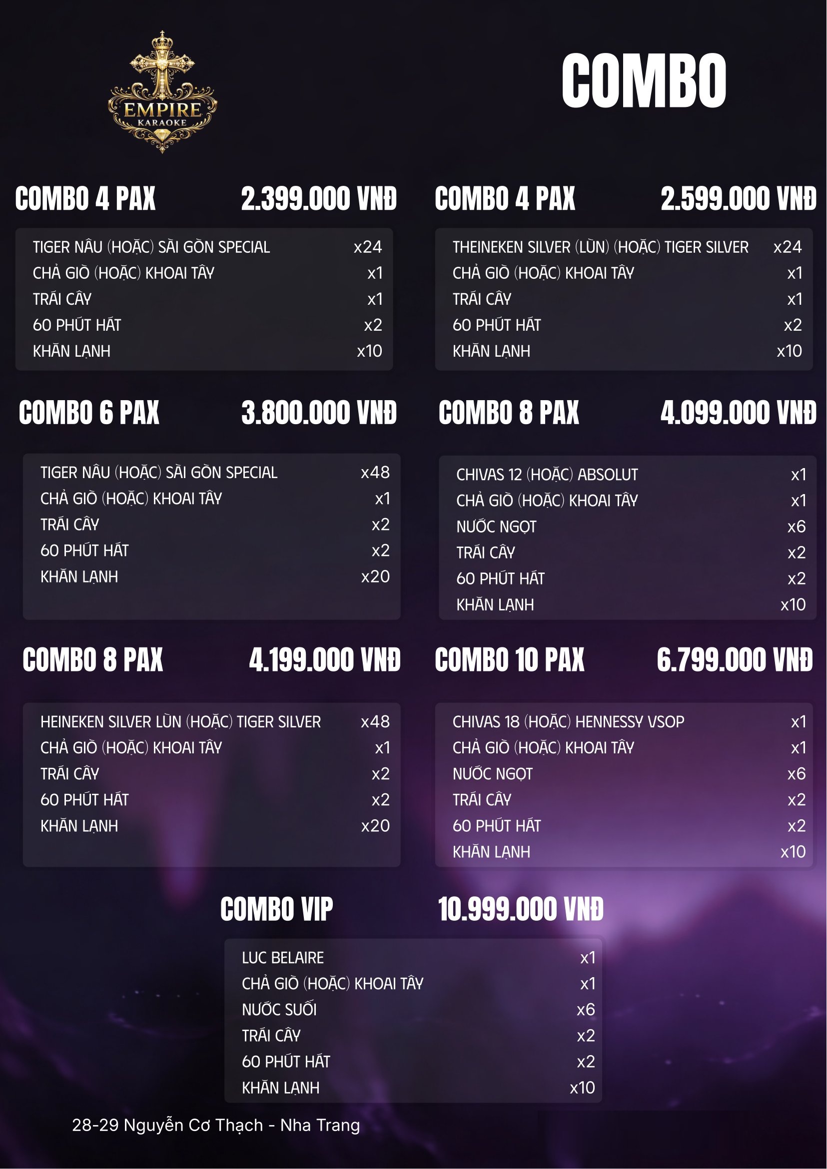 Combo Thực Đơn Karaoke Empire KTV Nha Trang