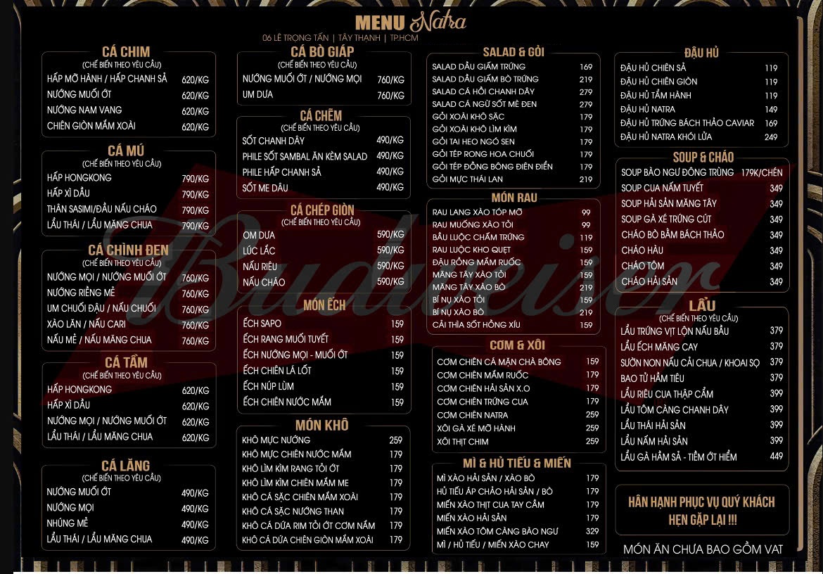 Menu Món Ăn Natra Beer Garden - 6 Lê Trọng Tấn Tân Phú