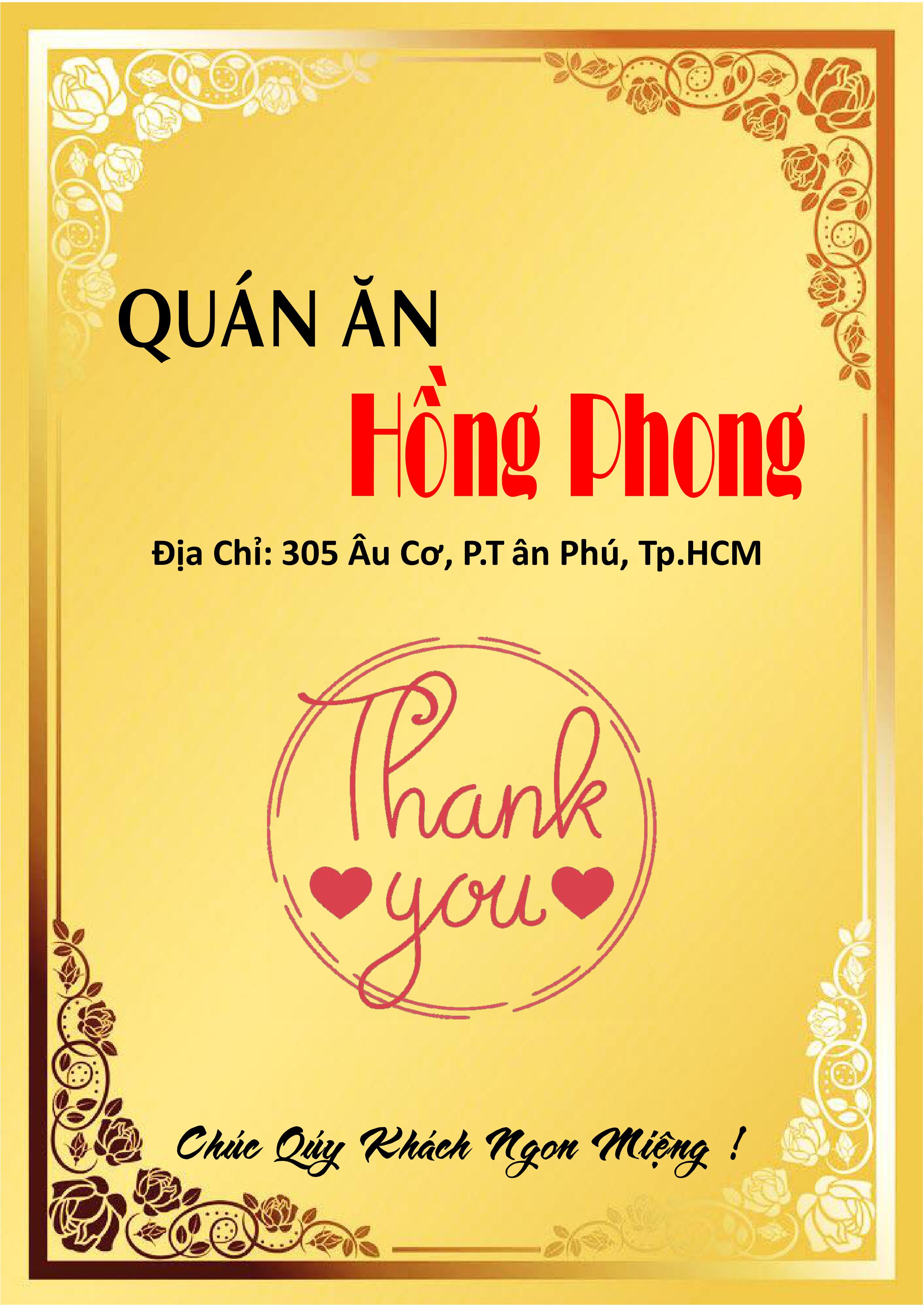 Thực Đơn Nhà Hàng Hồng Phong 305 Âu Cơ Tân Phú