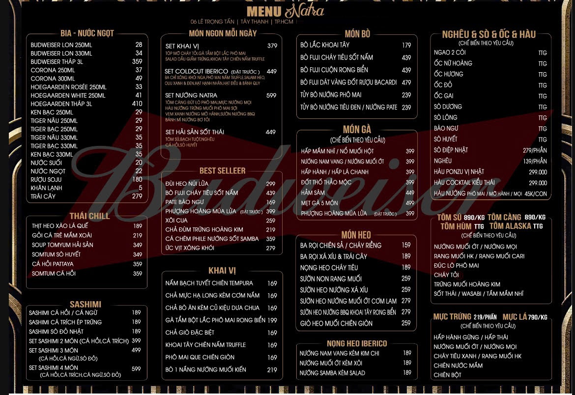 Menu Natra Beer Garden - 6 Lê Trọng Tấn Tân Phú