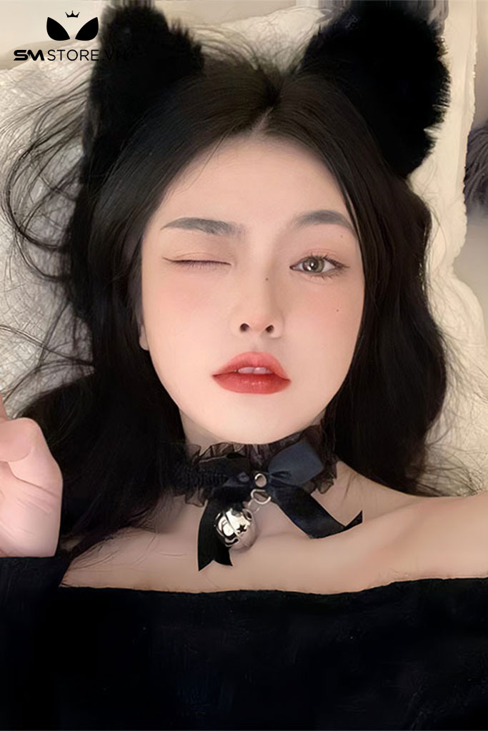 SMP105 - vòng cổ choker đính chuông gắn nơ màu đen trắng
