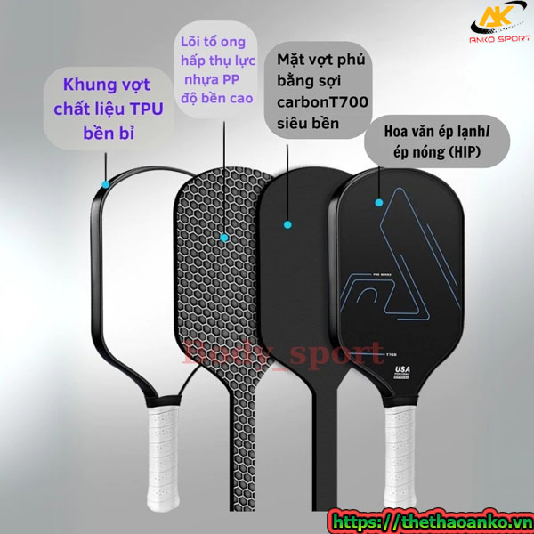 Vợt Pickleball Carbon T700 (Loại 1) – Mặt Vợt Phủ Carbon, Siêu Nhẹ, Mặt Nhám Bám Bóng