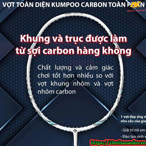Vợt cầu lông Kumpoo K520 Pro chính hãng check NFC, khung Carbon Fiber, trọng lượng 82g, công thủ toàn diện