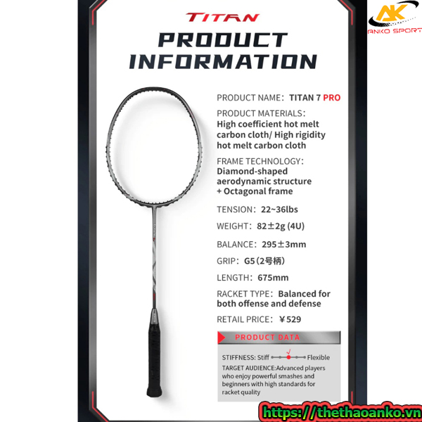 Vợt cầu lông VS TITAN 7 PRO chính hãng, căng sẵn 11kg, tặng bao vợt và quấn cán