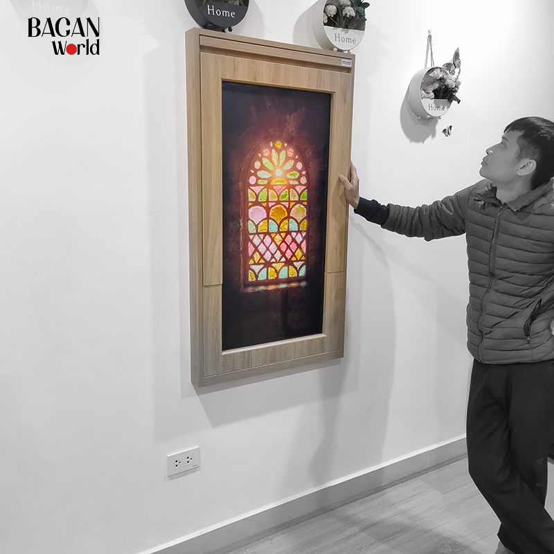 Bàn ăn gấp gọn treo tường 2 tranh 60x120cm cao 75cm Bagan MIN01 Phủ melamine màu sồi nhạt