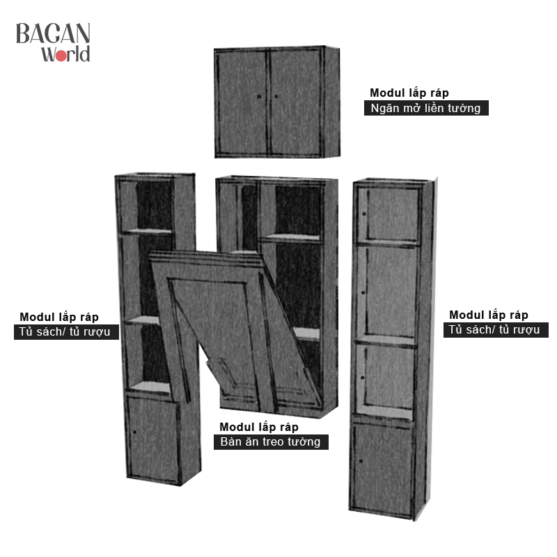 Bàn ăn gấp gọn hệ liền tường các khối lắp ráp kịch trần Bagan LT4