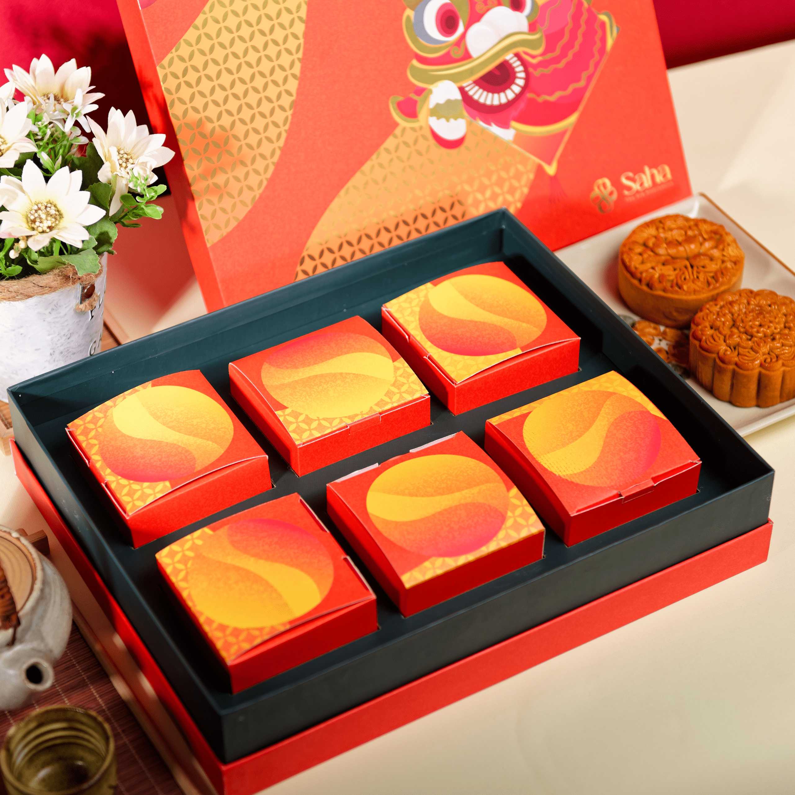 Bộ Hộp Bánh Trung Thu Đỏ Lân