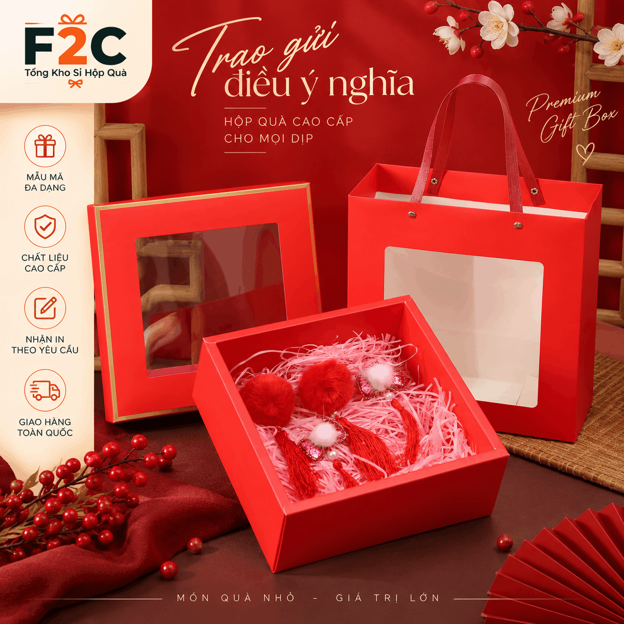 Set combo hộp quà kèm túi hình vuông có cửa sổ nhiều màu