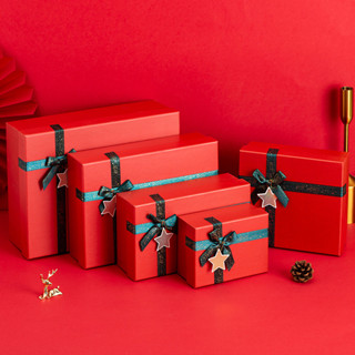 Combo Hộp Quà Giấy Kèm Túi Cao Cấp Màu Đỏ Nơ Xanh Lá Chủ Đề Giáng Sinh Noel - có rơm đèn - 17x12x8