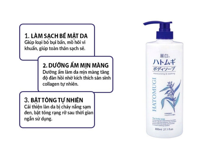 SỮA TẮM TRẮNG SÁNG DA HATOMUGI CHIẾT XUẤT HẠT Ý DĨ 800 ML (HATOMUGI MOISTURIZING WASHING)