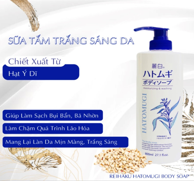 SỮA TẮM TRẮNG SÁNG DA HATOMUGI CHIẾT XUẤT HẠT Ý DĨ 800 ML (HATOMUGI MOISTURIZING WASHING)