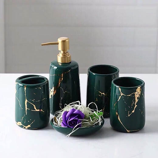 Bộ đồ dùng nhà tắm gốm sứ vân đá mạ vàng cao cấp