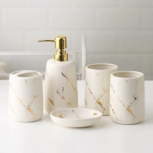 Bộ đồ dùng nhà tắm gốm sứ vân đá mạ vàng cao cấp