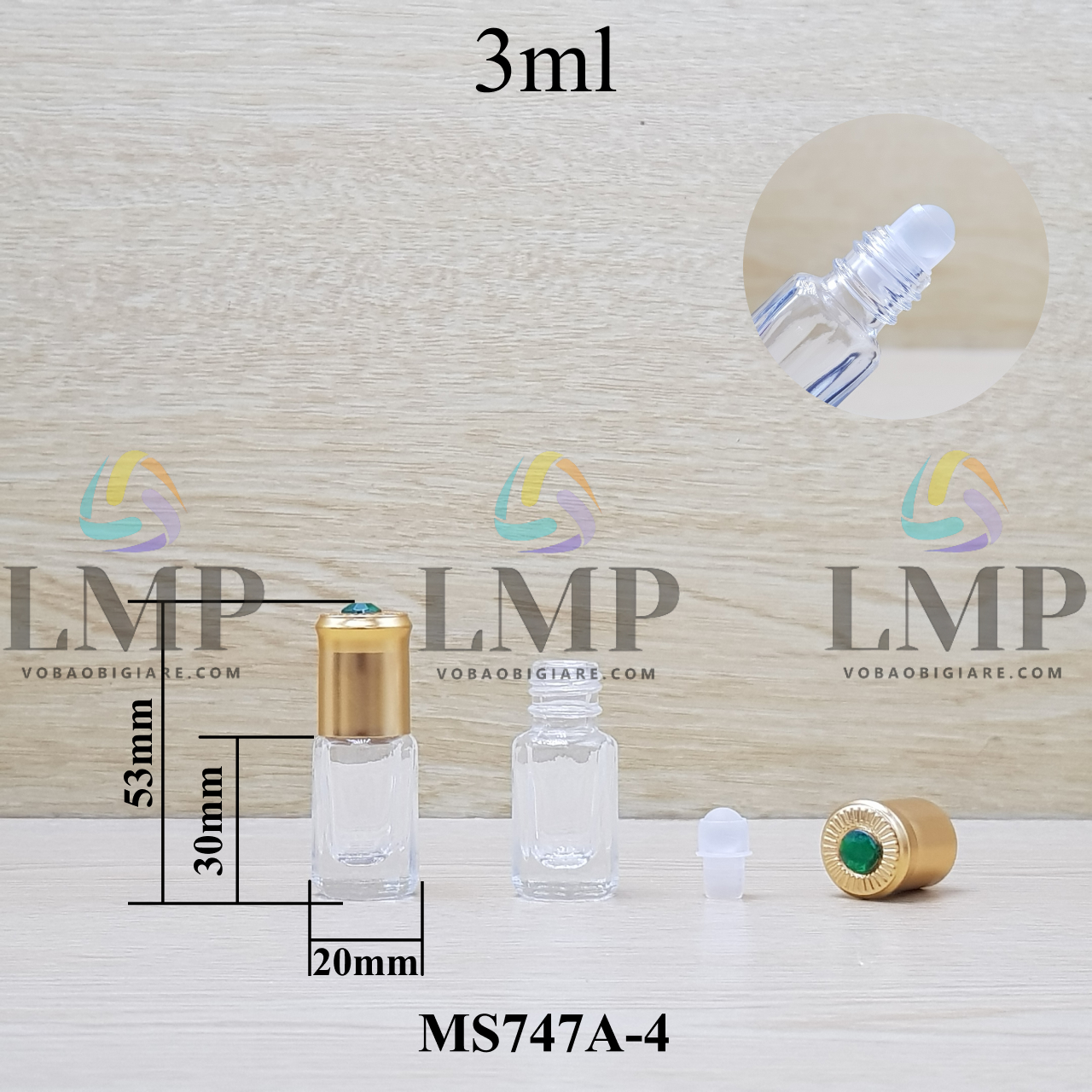 Chai lăn trong nắp vàng đính ruby 3ml