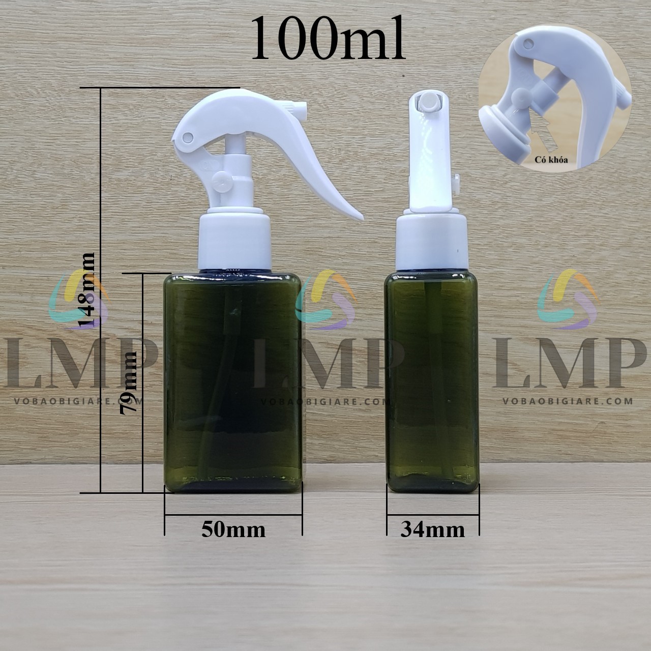 Chai lotion vuông đầu xịt kiếng có khóa