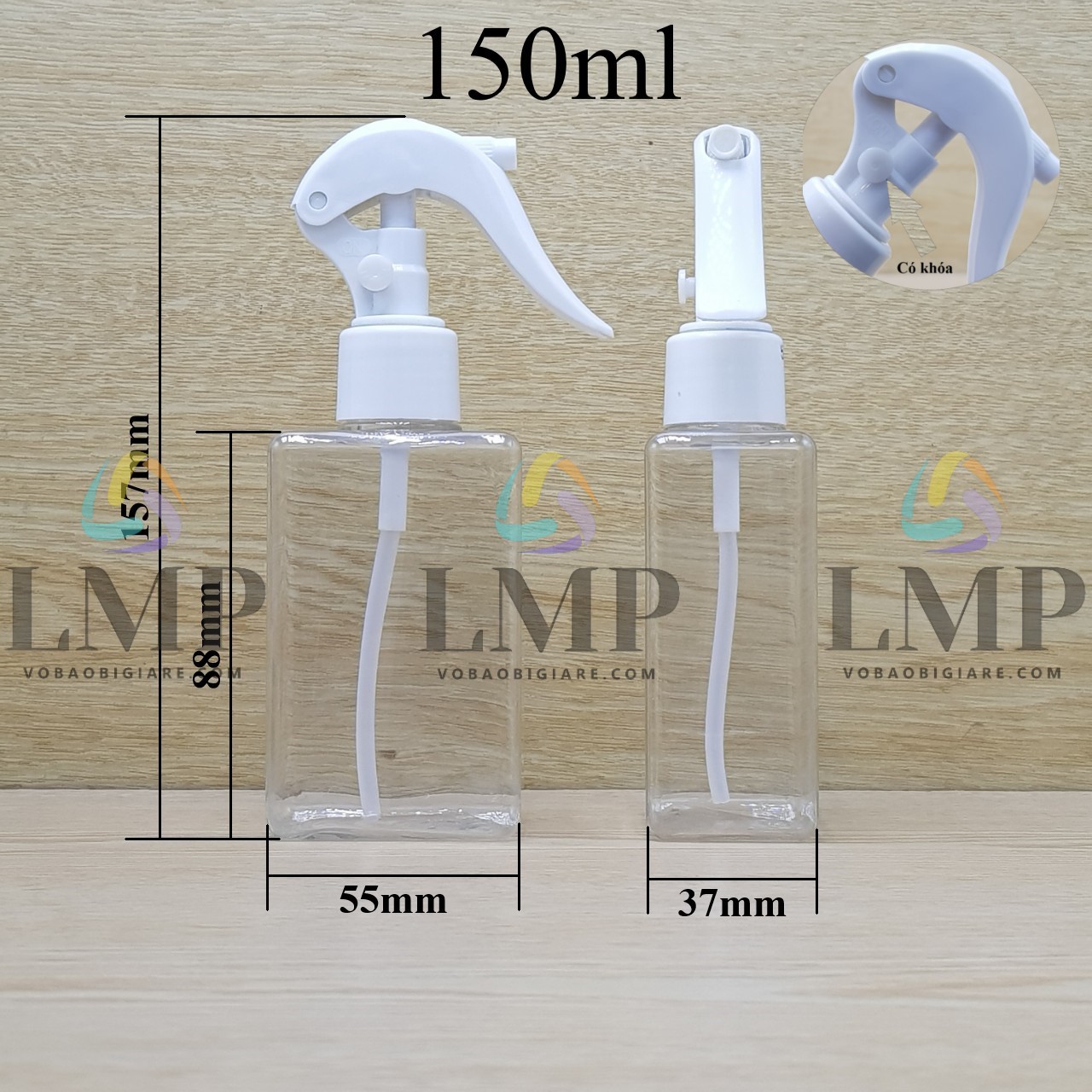 Chai lotion vuông đầu xịt kiếng có khóa