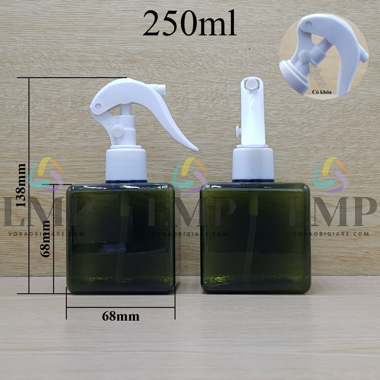 Chai lotion vuông đầu xịt kiếng có khóa