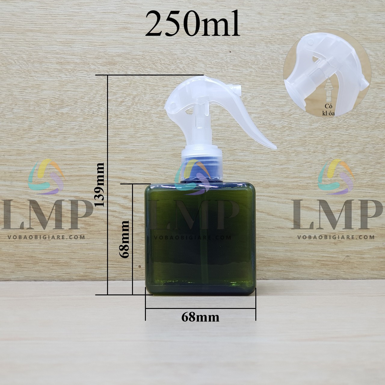Chai lotion vuông đầu xịt kiếng có khóa